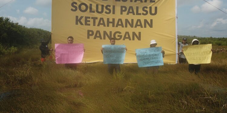 Aksi Bentang Spanduk di Lahan Ekstentifikasi Food Estate di Desa Mantangai Hulu - oleh WAlHI Kalteng FOTO | Dok. Walhi Kalteng