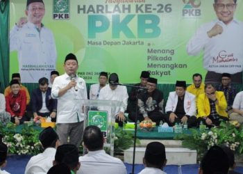 Ketua DPW PKB Jakarta H. Hasbiallah Ilya memberikan sambutan di Harlah ke 26 PKB Jakarta, di Kantor DPW PKB Jakarta, Minggu (21/7/2024). FOTO-FOTO | Dok. PKBTalk24